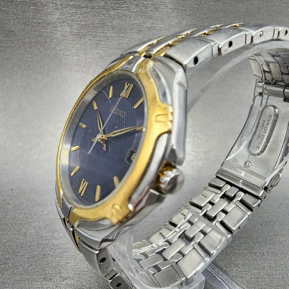 Seiko Watch Men 37mm Blue Dial Two Tone Date Round 7N42-6C10 New Battery A12