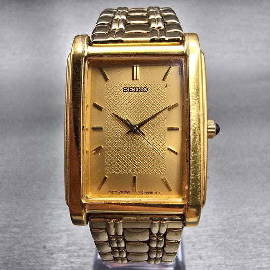Seiko Tank Watch Men 25mm Gold Tone Gold Dial Rectangle V701-5E49 New Battery0