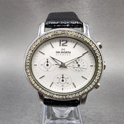 Skagen Chronograph Watch Women 39mm White Dial Silver Tone Oval New Battery0