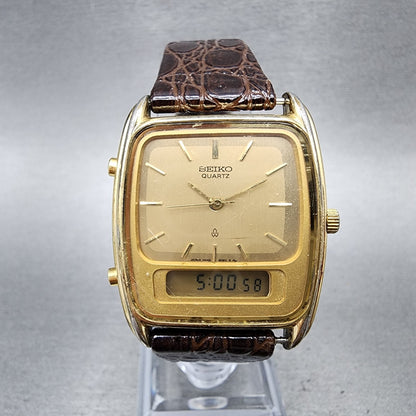 Seiko Analog Digital Watch Men 30mm Champagne Dial Gold Tone New Battery READ!!!0