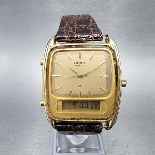 Seiko Analog Digital Watch Men 30mm Champagne Dial Gold Tone New Battery READ!!!0
