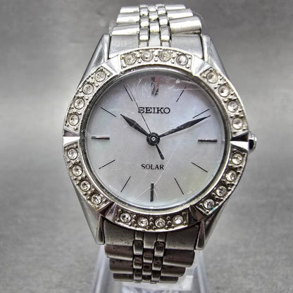 Seiko Solar Watch Women 25mm MOP Dial Silver Tone Round V117-0AN0 PARTS0