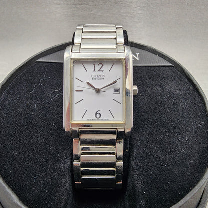 Citizen EcoDrive Tank Watch Women 26mm White Dial Silver Tone Date Runs0