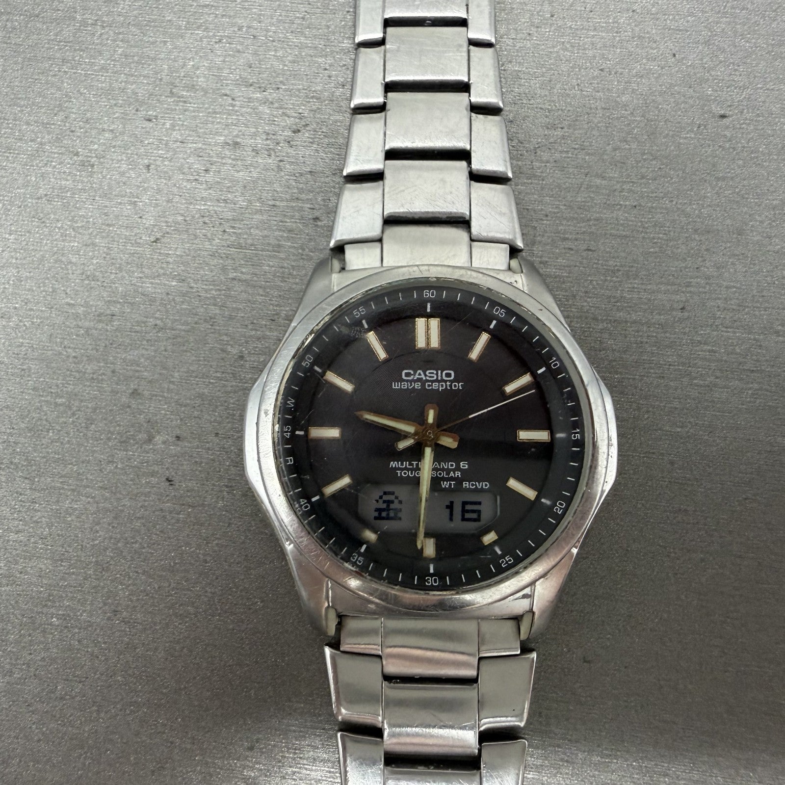 Casio Wave Ceptor  Watch Men 42mm Black Dial Steel Analog Digital Solar READ!!!!0