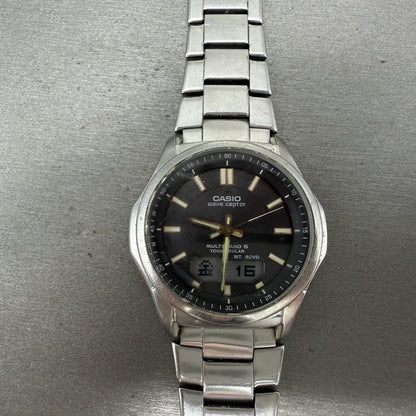 Casio Wave Ceptor  Watch Men 42mm Black Dial Steel Analog Digital Solar READ!!!!0
