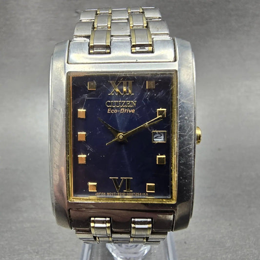 Citizen Eco-Drive Tank Watch Men 27mm Blue Dial Two Tone Date E010-S004004 Runs0