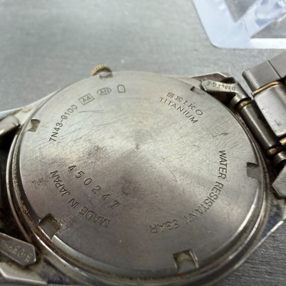 Seiko Watch Men 36mm Champagne Dial Two Tone Titanium Daydate 7N439100 New Batt9