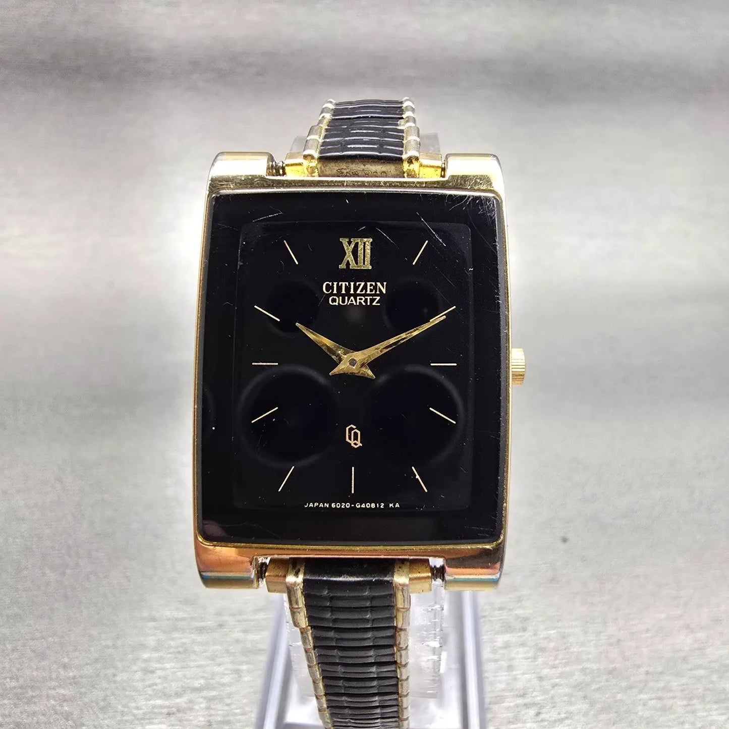 Citizen CQ Watch Men 25mm Black Dial Gold Tone Rectangle 6020-G08334 New Batt0