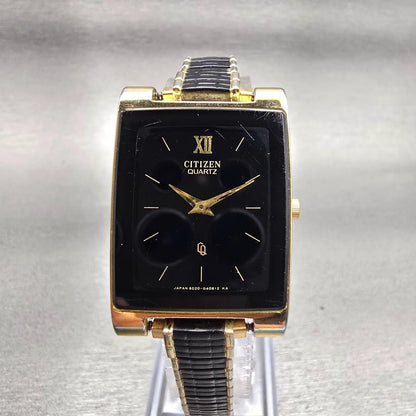 Citizen CQ Watch Men 25mm Black Dial Gold Tone Rectangle 6020-G08334 New Batt0