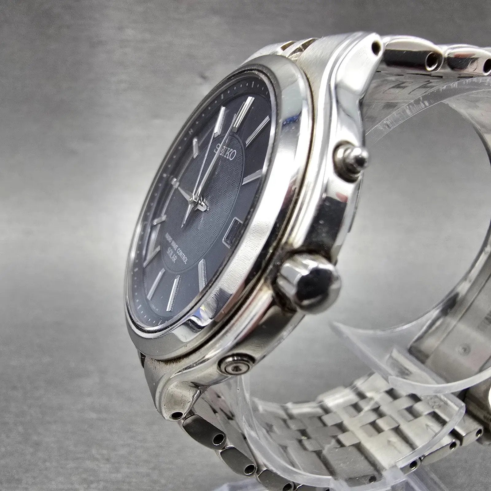 Seiko Solar Atomic Watch Men 38mm Blue Dial Steel Atomic Date 7B22-0AS0 PARTS!!!3