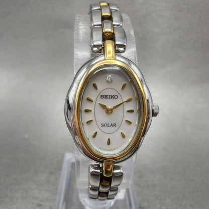 Seiko Solar Watch Women 19mm Gray Dial Two Tone Oval V1100AG0 Runs Bracelet0