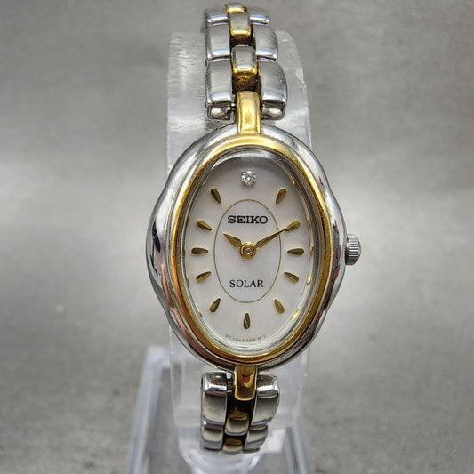 Seiko Solar Watch Women 19mm Gray Dial Two Tone Oval V1100AG0 Runs Bracelet0