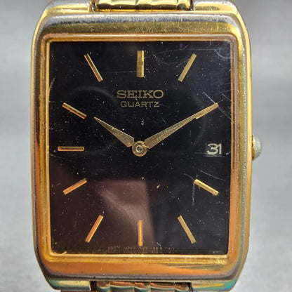 Seiko Tank Watch Men 27mm Black Dial Gold Tone Date Rectangle 7N29-5B29 New Batt1