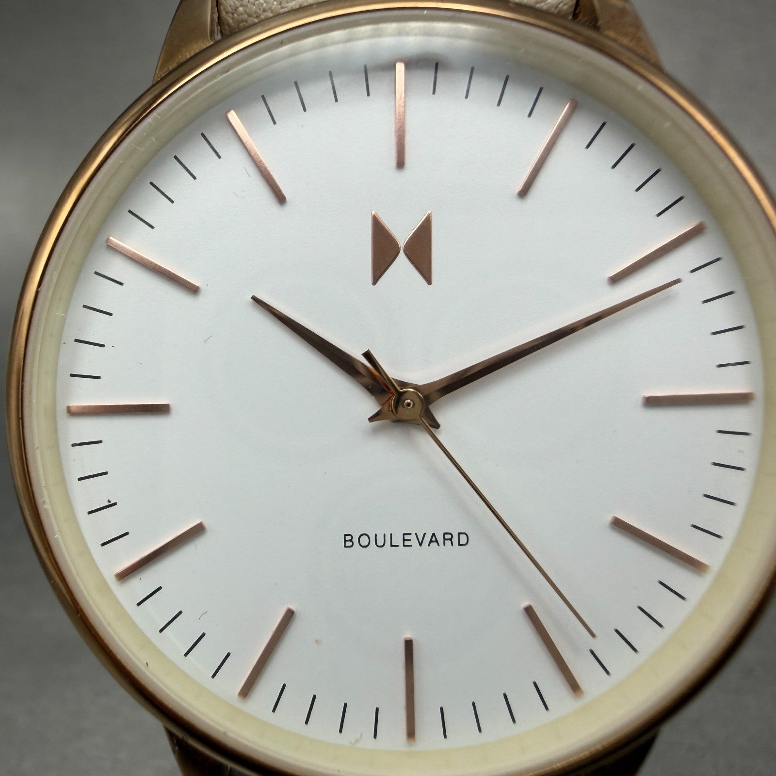 MVMT Boulevard Watch Women 38mm White Dial Rose Gold Tone Leather New Battery A1