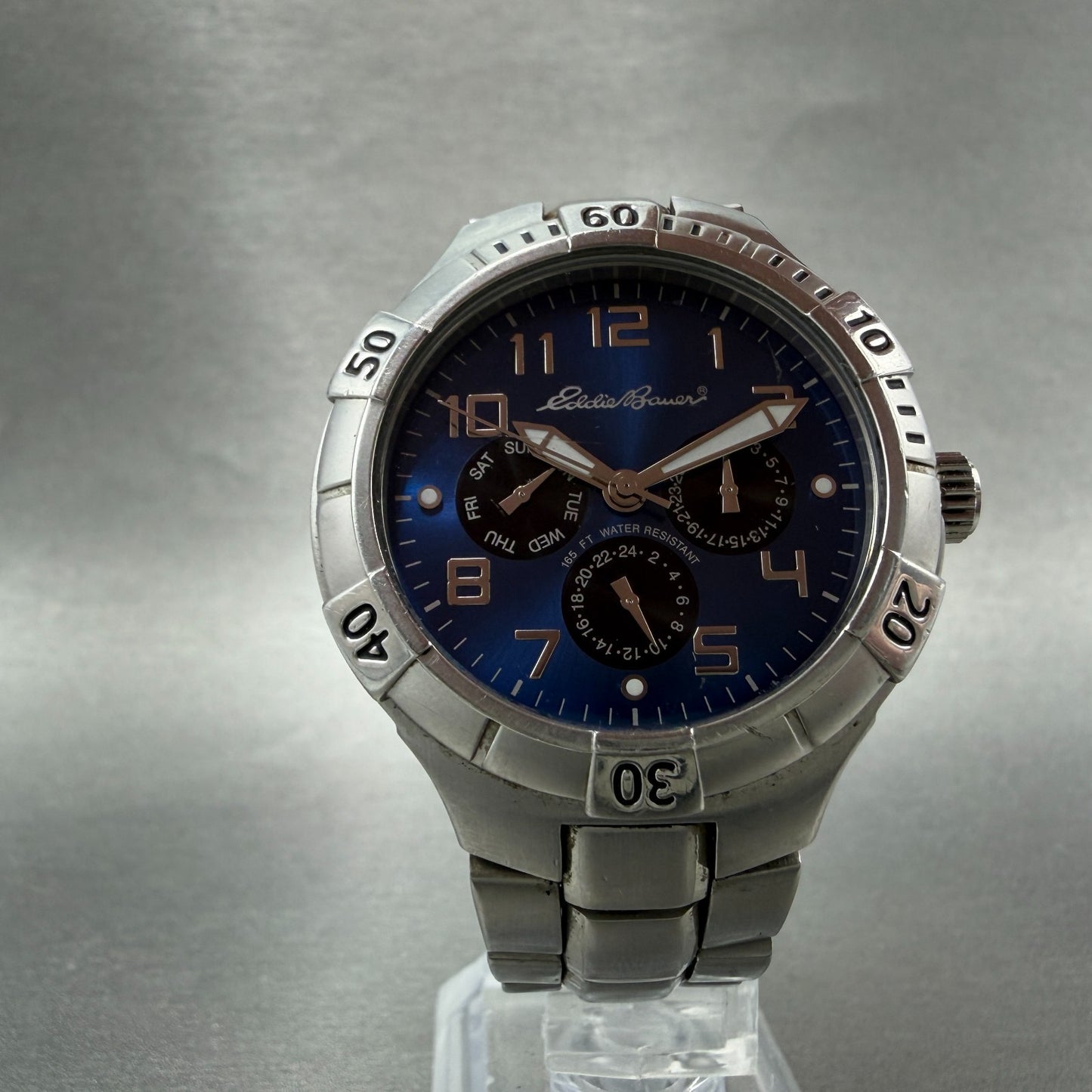Eddie Bauer Watch Men 40mm Blue Dial Silver Tone Daydate Round New battery5