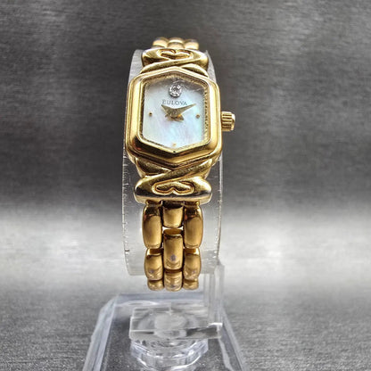 Bulova Watch Women 14mm MOP Dial Gold Hexagon 97S30 New Battery Diamond VTG5