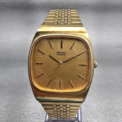 Seiko Watch Men 31mm Gold Dial Gold Tone Rectangle 7810-5139 New Battery Vintage0