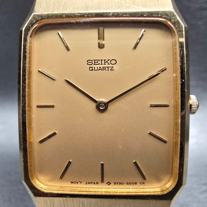 Seiko Watch Men 27mm Gold Dial Gold Tone Rectangle 5Y30-5009 New Battery1