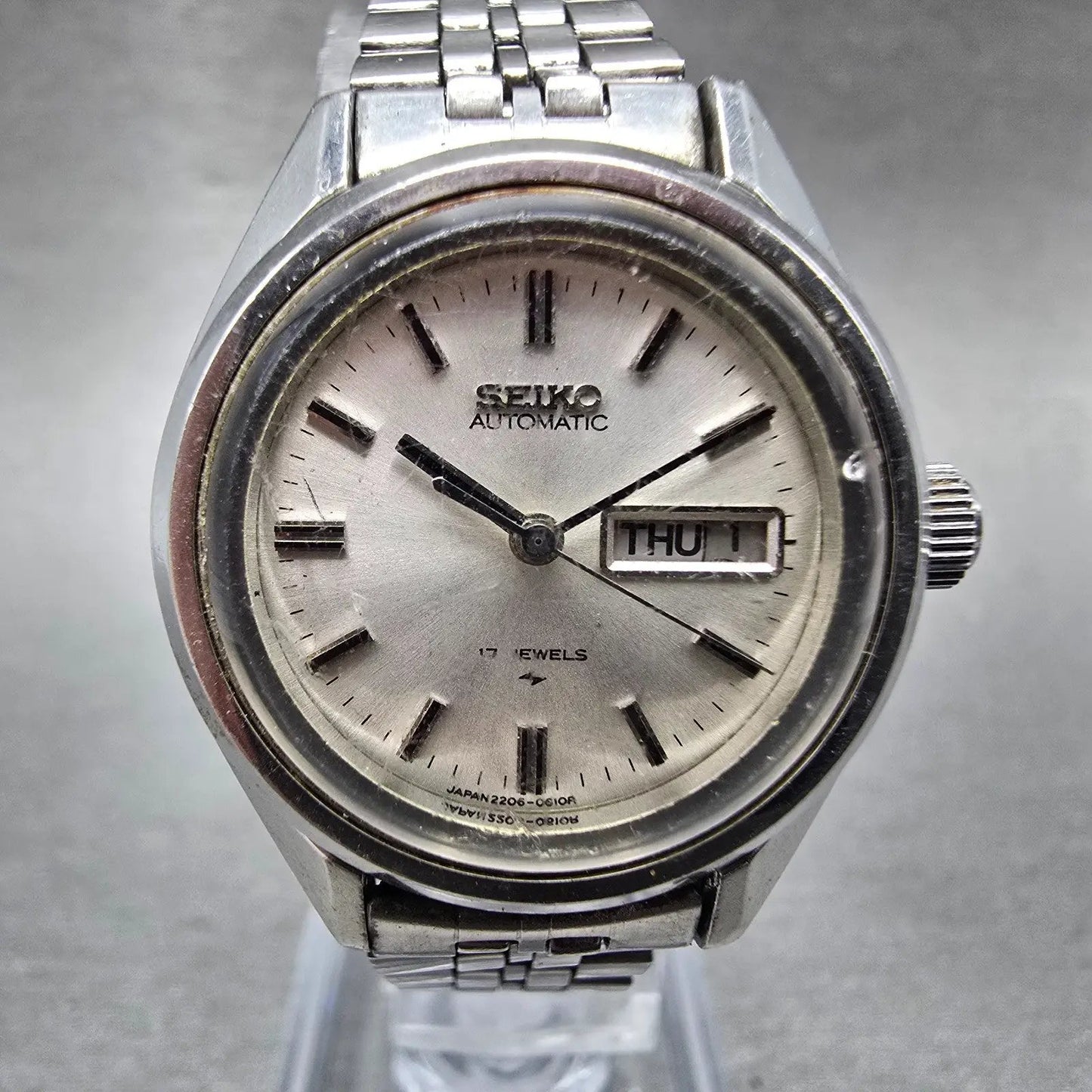 Seiko Automatic Watch Women 27mm Silver Dial Silver Tone Daydate 2206-0470 PARTS0