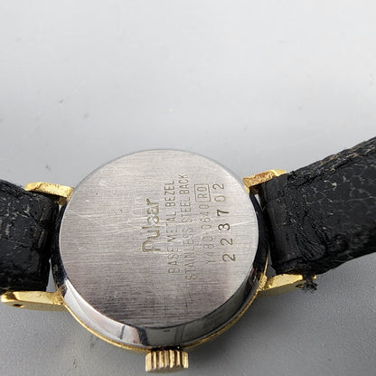 VTG Pulsar Watch Women Gold Tone Round 22mm Leather Band Y480-0540 New Battery