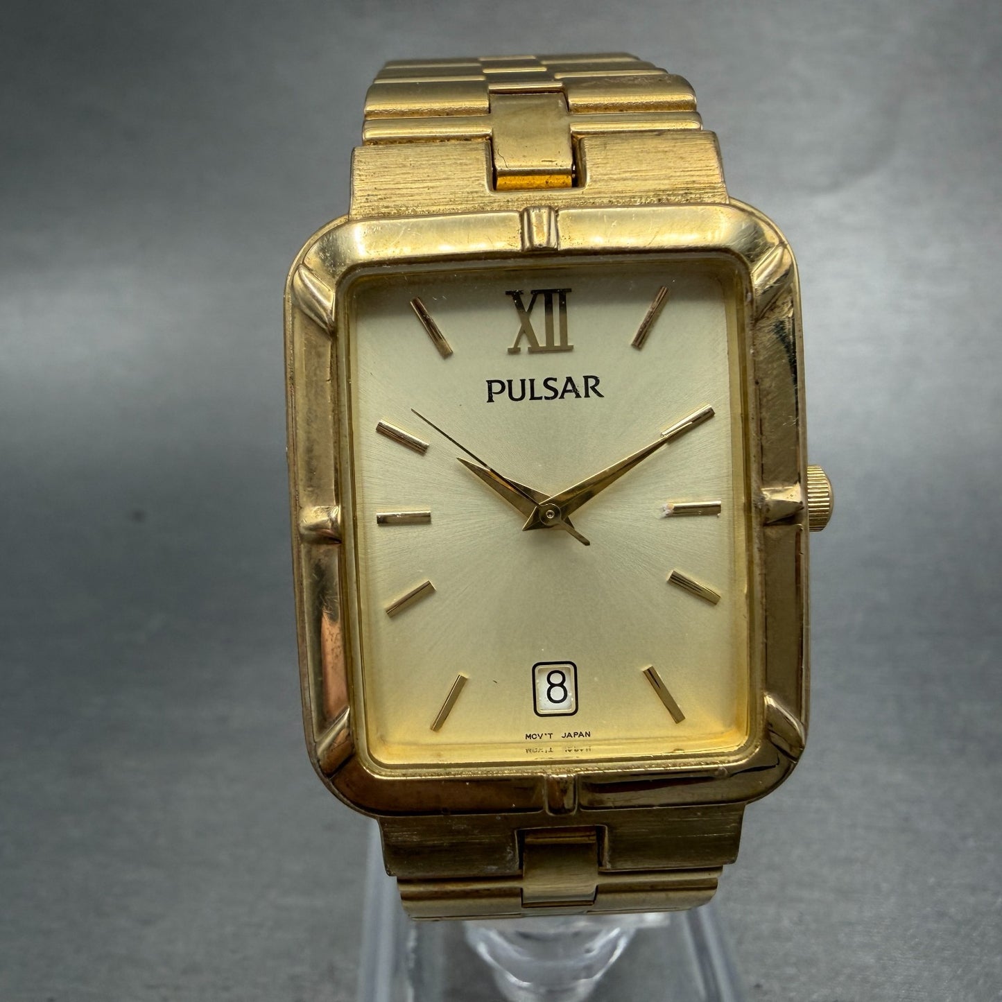 Pulsar Tank Watch Men 26mm Champagne Dial Gold Tone Date Rectangle New Battery 30