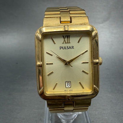 Pulsar Tank Watch Men 26mm Champagne Dial Gold Tone Date Rectangle New Battery 30