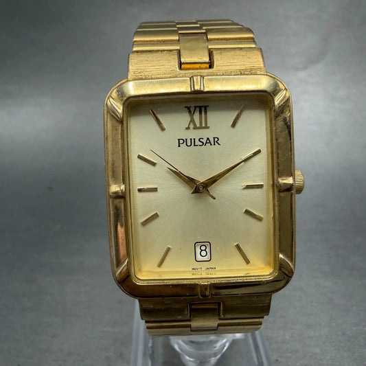 Pulsar Tank Watch Men 26mm Champagne Dial Gold Tone Date Rectangle New Battery 30