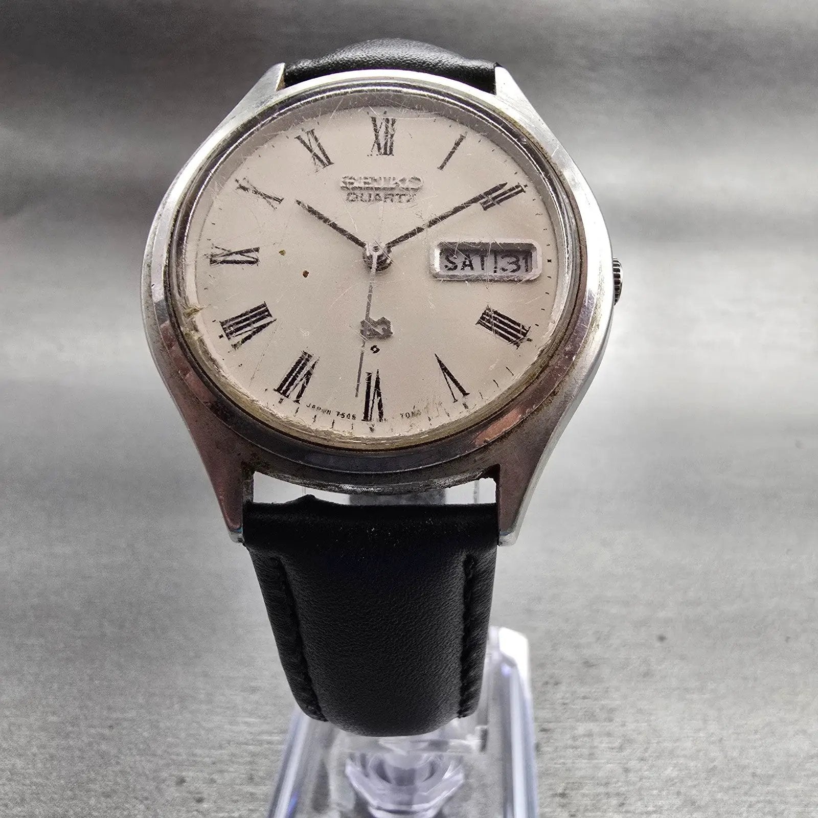 Seiko SQ Watch Men 36mm Silver Dial Silver Tone Daydate Round 7546-7070 New Batt5