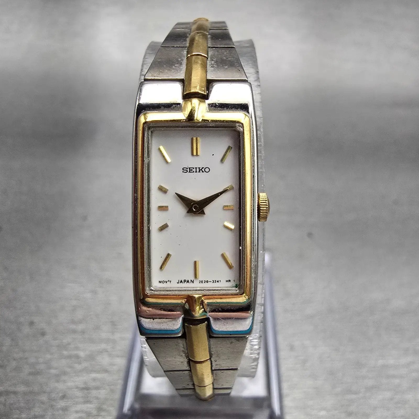 Seiko Watch Women 13mm White Dial Two Tone Rectangle 2E20-7479 New Battery VTG0
