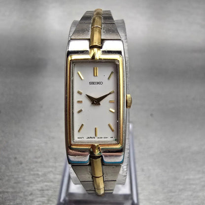 Seiko Watch Women 13mm White Dial Two Tone Rectangle 2E20-7479 New Battery VTG0