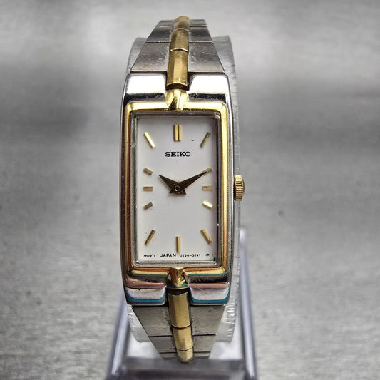 Seiko Watch Women 13mm White Dial Two Tone Rectangle 2E20-7479 New Battery VTG0
