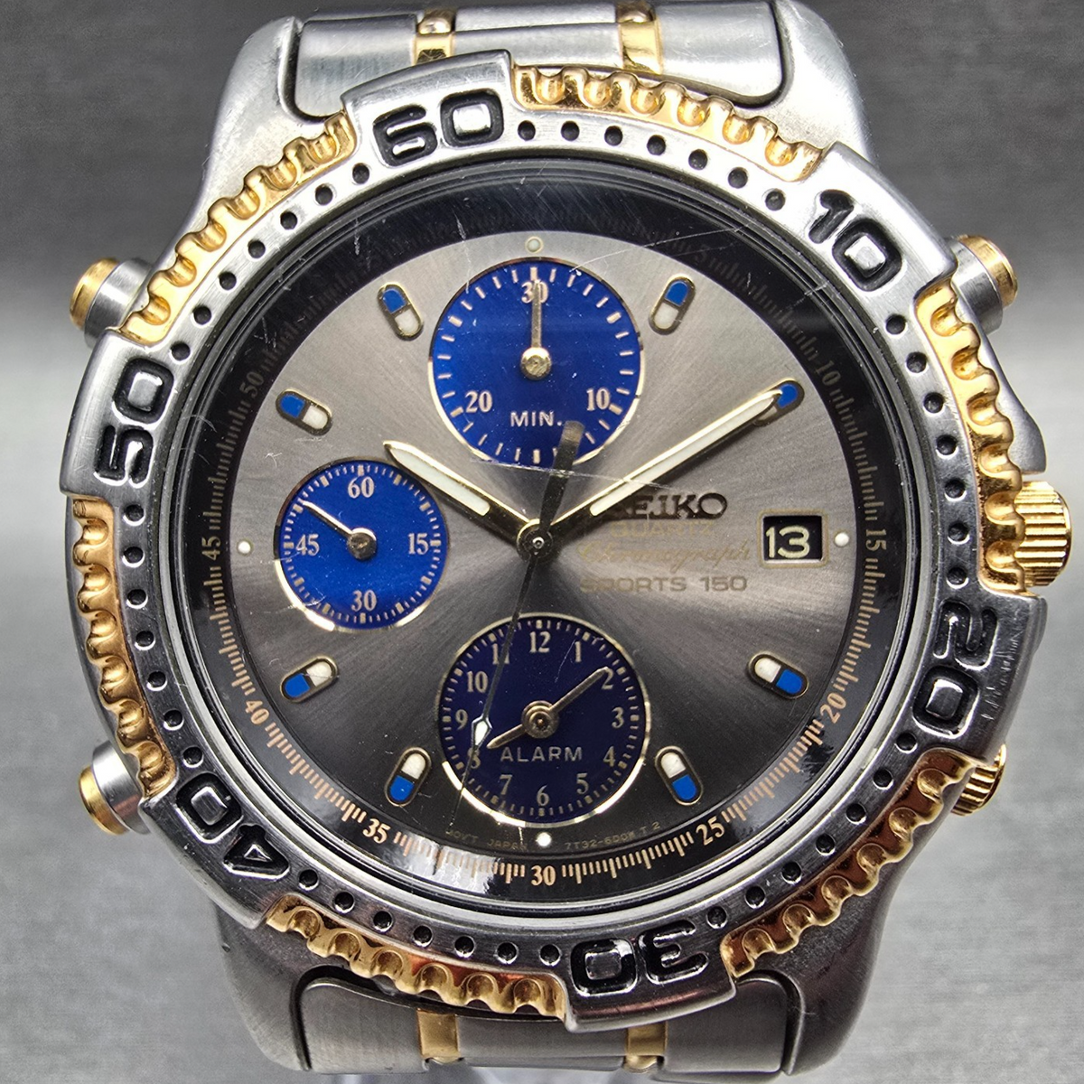 Seiko Sports 150 Watch Men 39mm Gray Dial Two Tone Chrono Alarm 7T32-6C09 NewBat1