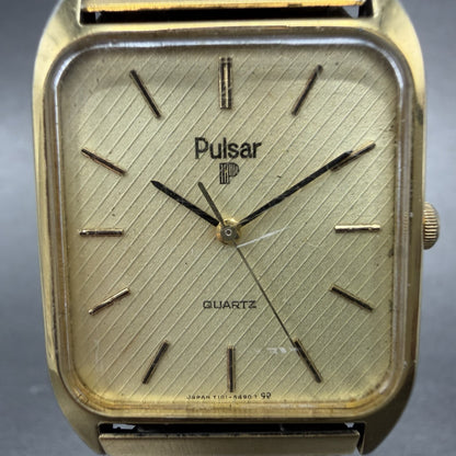 Seiko Pulsar Tank Watch Men 27mm Champagne Dial Gold Tone Y101-5329b New Batt HQ1