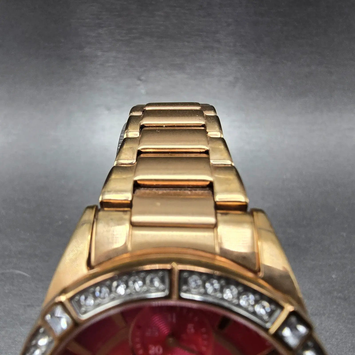 Citizen Eco-Drive Watch Women 33mm Red Dial Rose Gold Date Round Crystal Works4