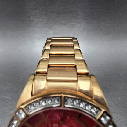 Citizen Eco-Drive Watch Women 33mm Red Dial Rose Gold Date Round Crystal Works4
