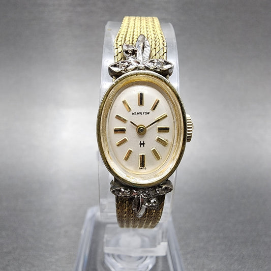 VTG Hamitlon Watch Women 14mm White Dial Gold Plated Oval Manual Wind PARTS