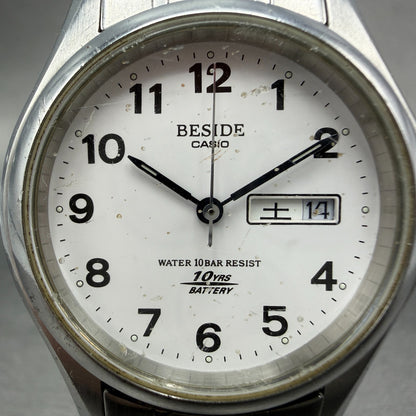 Casio Beside Watch Men 35mm Silver Dial Steel Daydate Round BES-105 New BatteryA1