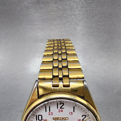 Seiko SQ Railroad Approved Watch Men 35mm White Dial Gold Tone New Batt NO BACK4