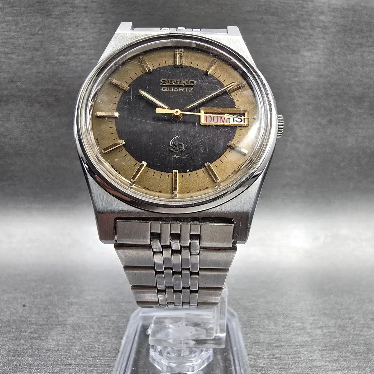 Seiko SQ Watch Men 34mm Black Dial Silver Daydate Round 7123-8439 New Batt VTG5