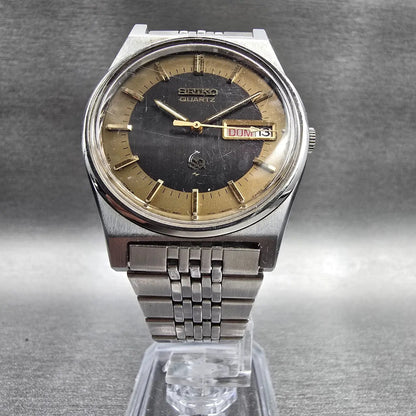 Seiko SQ Watch Men 34mm Black Dial Silver Daydate Round 7123-8439 New Batt VTG5