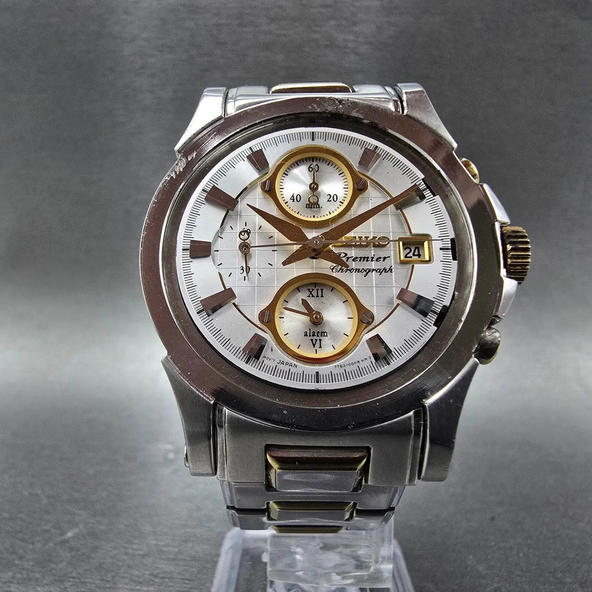 Seiko Premier Chronograph Watch Men 38mm White Dial Two Tone Date 7T62-0FF0 PART6