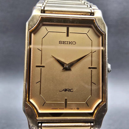 Seiko Arc Tank Watch Men 22mm Gold Dial Gold Tone Rectangle 7320-6460 New Batt1