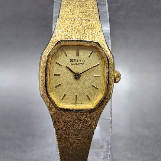 Seiko Watch Women 17mm Gold Dial Gold Tone Octagon 1N005B29 New Battery0