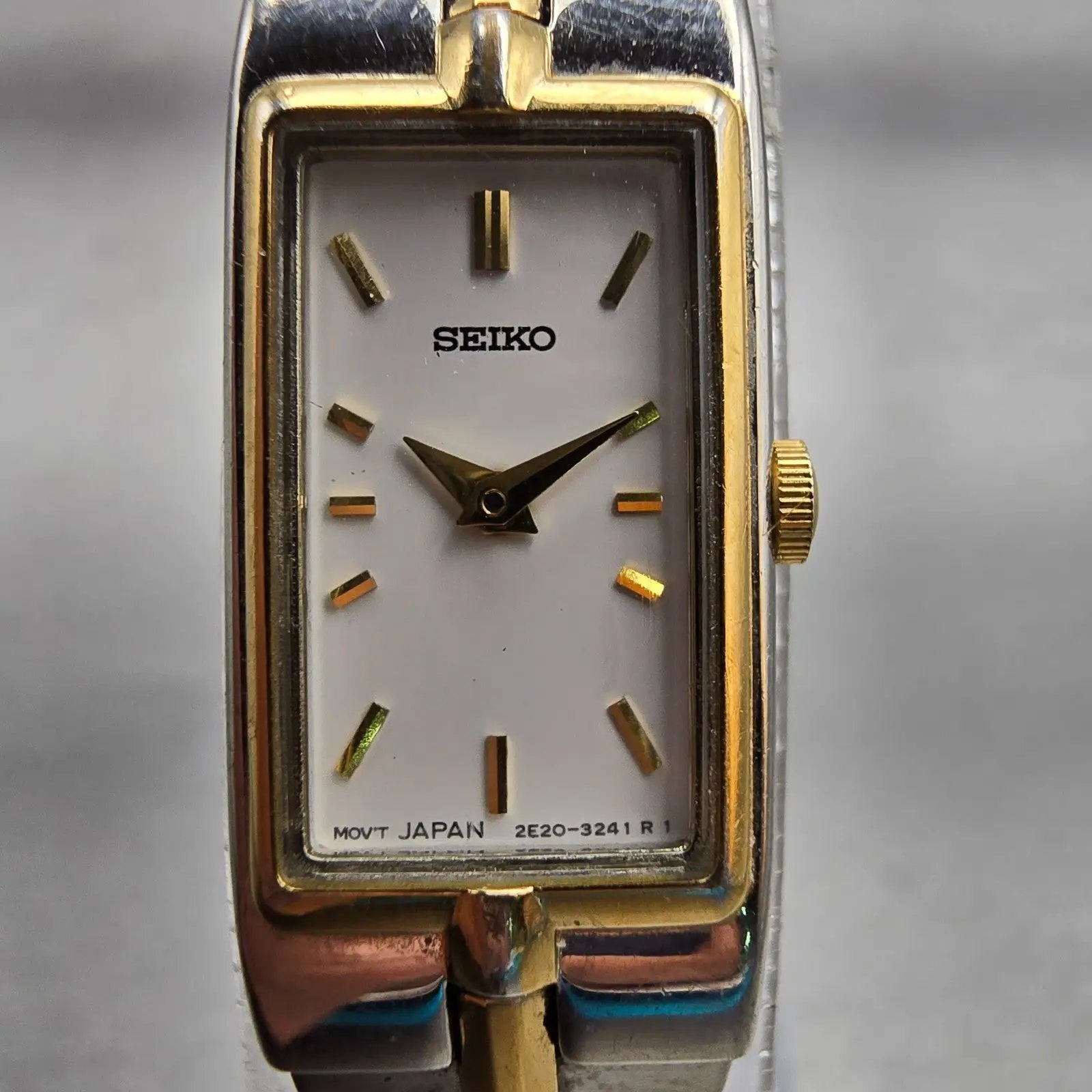Seiko Watch Women 13mm White Dial Two Tone Rectangle 2E20-7479 New Battery VTG1