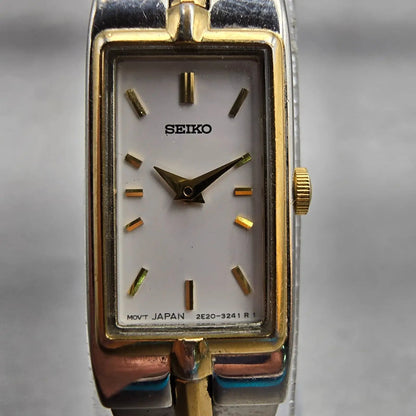 Seiko Watch Women 13mm White Dial Two Tone Rectangle 2E20-7479 New Battery VTG1