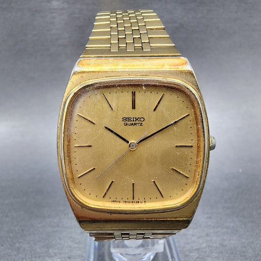 Seiko Watch Men 32mm Gold Dial Gold Tone Rectangle 7810-5139 New Battery