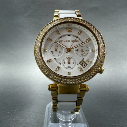 Michael Kors Parker Watch Women 39mm White Dial Gold Tone Date MK-6119 New Batt5