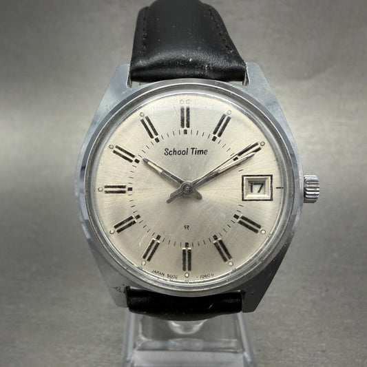 Seiko School Time Watch Men 35mm Silver Dial Steel Date Manual 5000-7000 Runs0