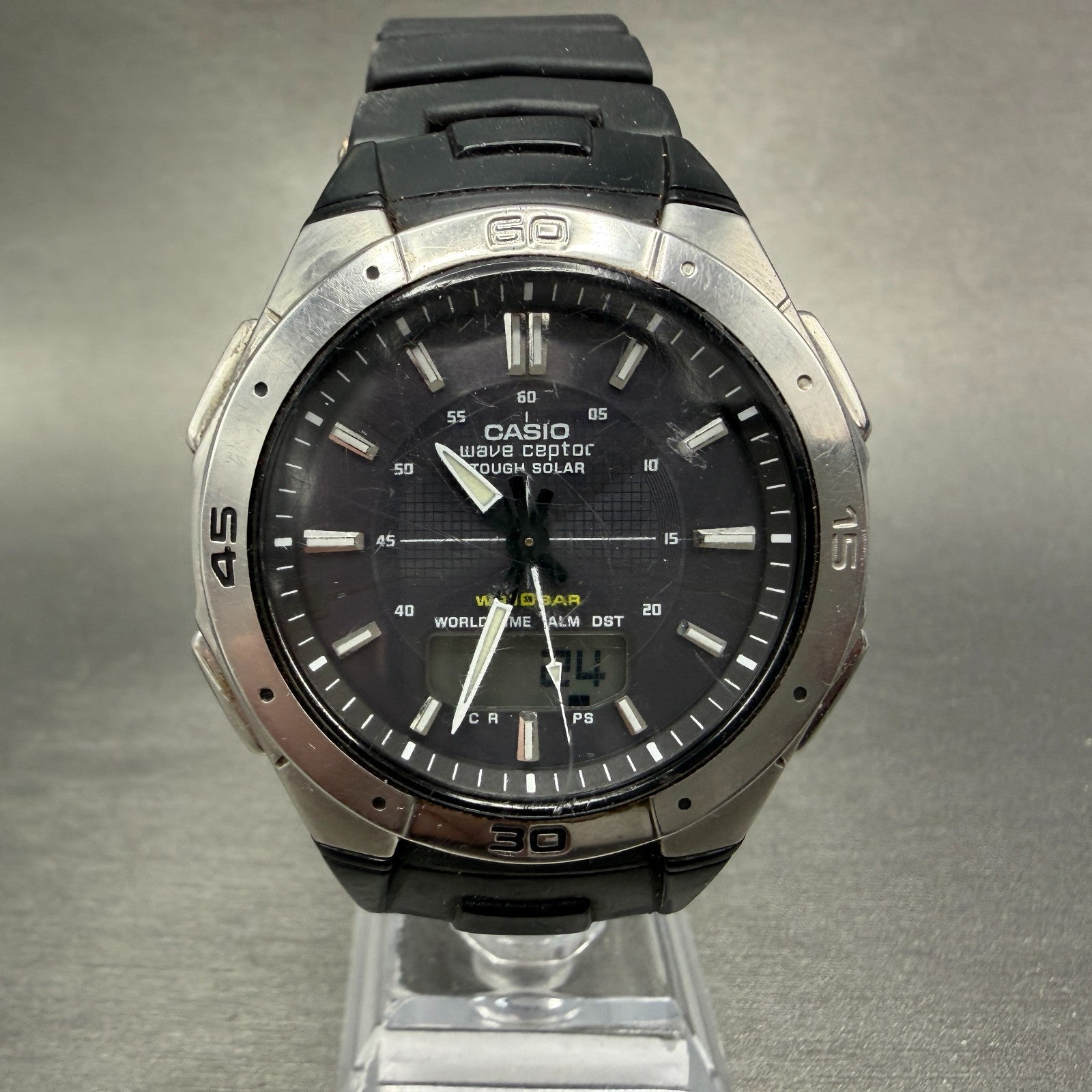 Casio Wave Ceptor Watch Men 42mm Black Dial Silver Tone Analog Digital Solar Run0