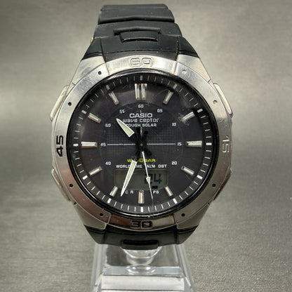 Casio Wave Ceptor Watch Men 42mm Black Dial Silver Tone Analog Digital Solar Run0